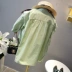 Nhật Bản màu xanh lá cây rừng áo sơ mi dài tay váy cotton tinh khiết thoáng khí váy xếp nếp mùa xuân và mùa hè quần áo trẻ em mới, trẻ em lớn và trẻ em gái - Áo sơ mi