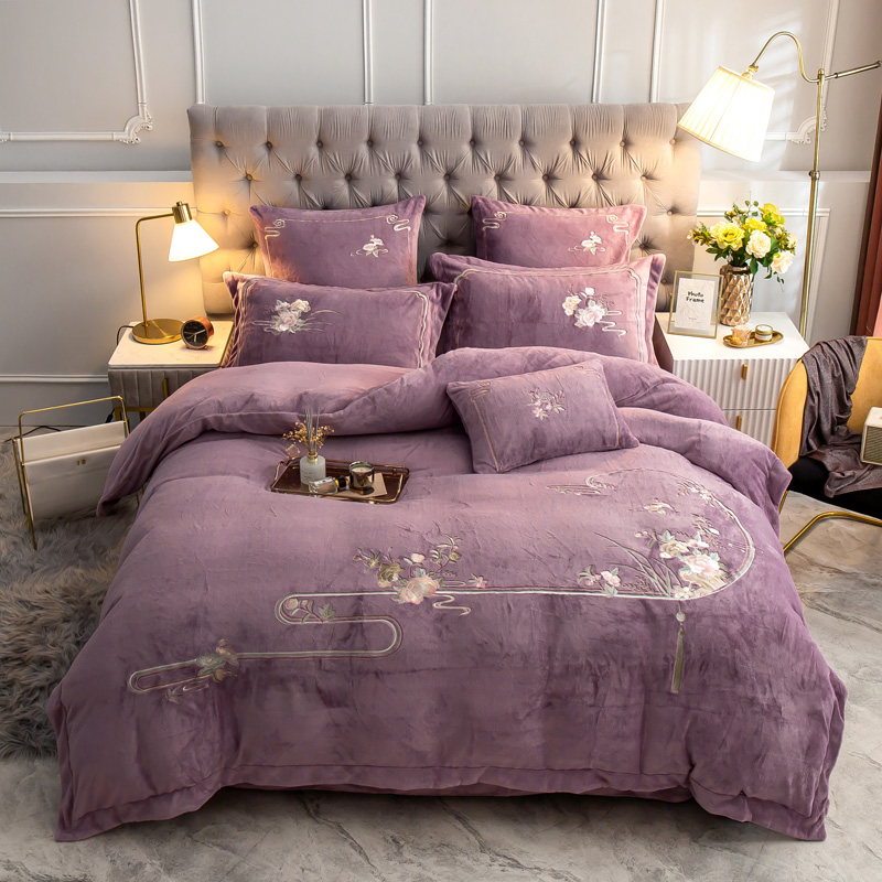 Purple Milk Suede Bed Four Pieces Winter Plus Suede Thickened Double-sided Suede Coral Suede Chinese Kit Winter Suede