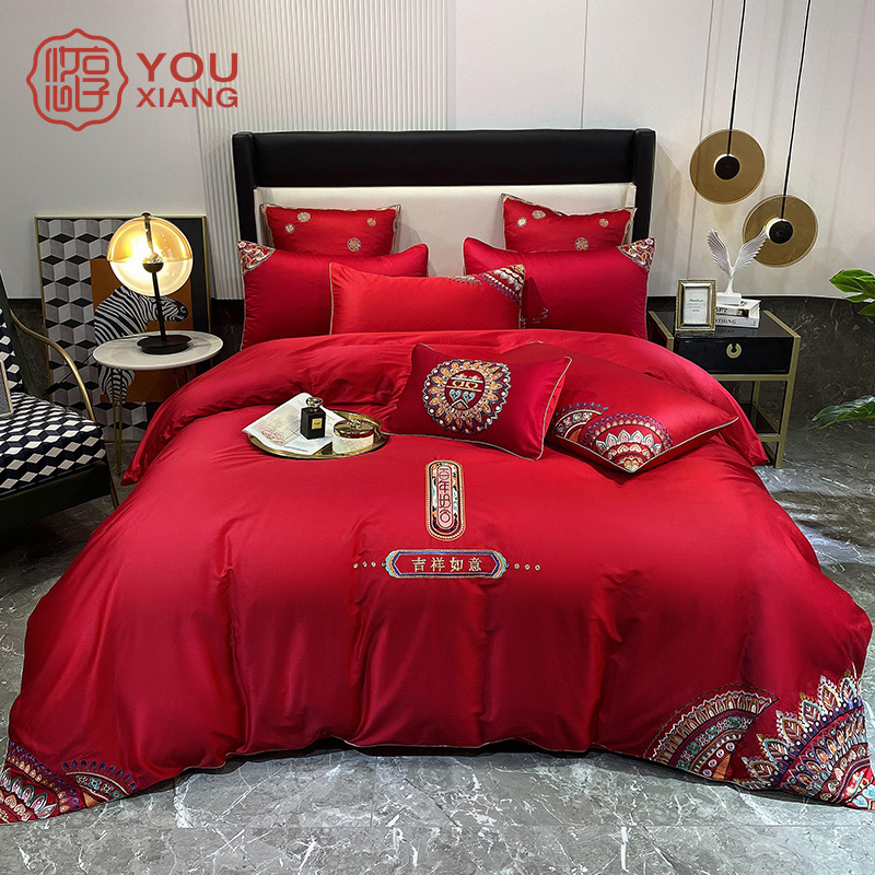Brief Wedding Celebration Pure Cotton Four Pieces Type 100 Long Suede Cotton All-cotton Wedding Bed Bedding Large Red Sheet Quilt Cover