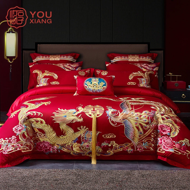 Wedding with four sets of 100 red beds Bedding All-cotton Wedding four pieces of red Quilt Wedding EUROSTYLE