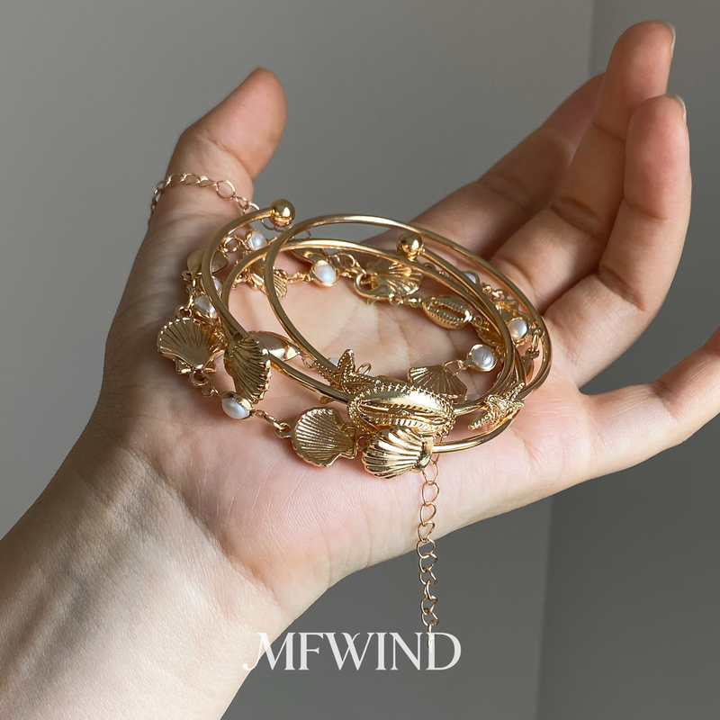 Retro Vintage~Gold Shell Pearl Bracelet Set Bracelet for Women Multi-Layered Design Versatile Jewelry