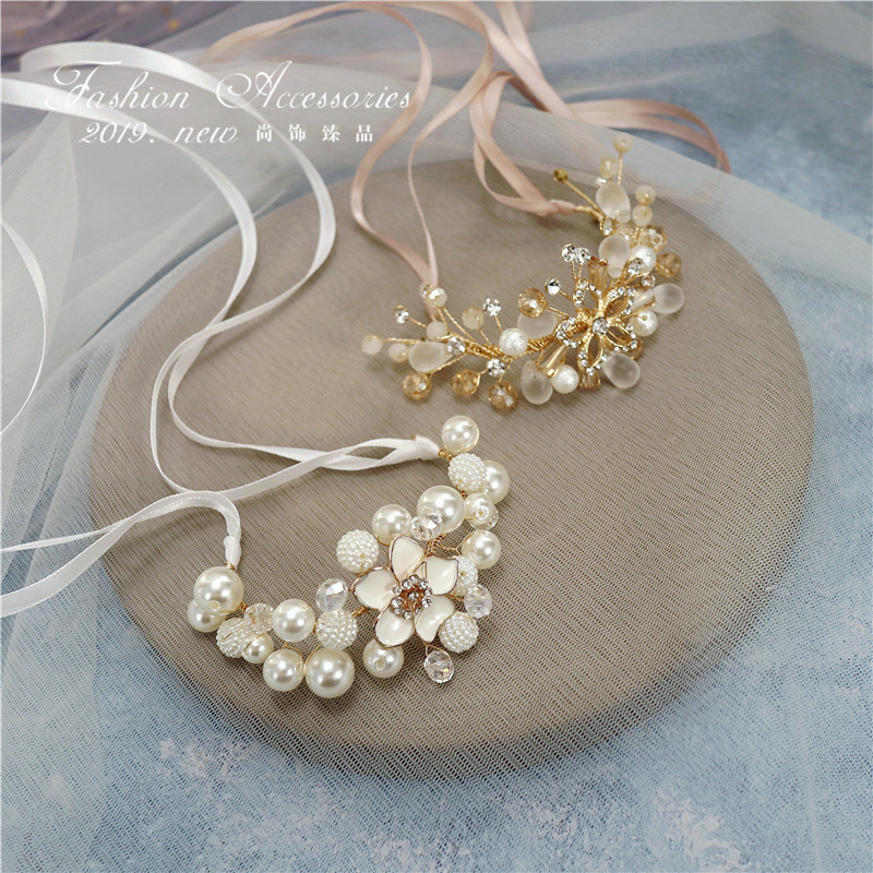 Bride wedding hand flower bridesmaid wrist flower gold white imitation pearl children's show stage catwalk bracelet