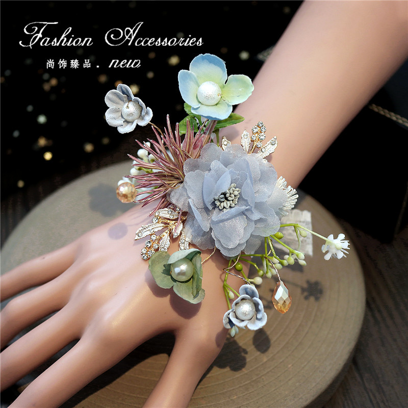 ins Sen Department wrist flower bride blue flower hand flower green plant bracelet high-end rhinestone knot wedding creative gift