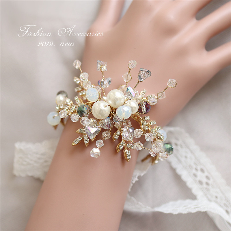 Luxury wedding creative gift atmosphere high-end send bride wrist flower crystal pearl rhinestone golden baroque