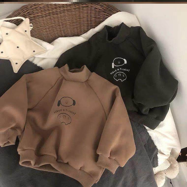 Semi-high collar sweater boy integrated suede spring autumn clothing small and medium children's sleeve head loose and thickened and thickened warm jacket