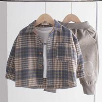 Boy mill wool shirt children thickened plaid pure cotton long sleeve shirt jacket pure cotton wool What to do with the Han version of the ocean