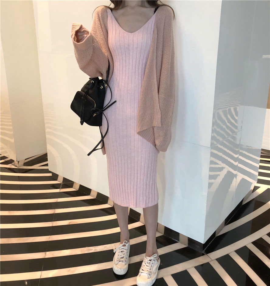 Chic phong cách port len ​​áo len cardigan trong áo khoác đan dài + treo áo vest đan phù hợp với phụ nữ đồ mặc nhà