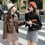 Mùa thu phiên bản Hàn Quốc của áo khoác mới mỏng mỏng PU da ngắn hoang dã retro áo khoác da cardigan nữ sinh viên thủy triều