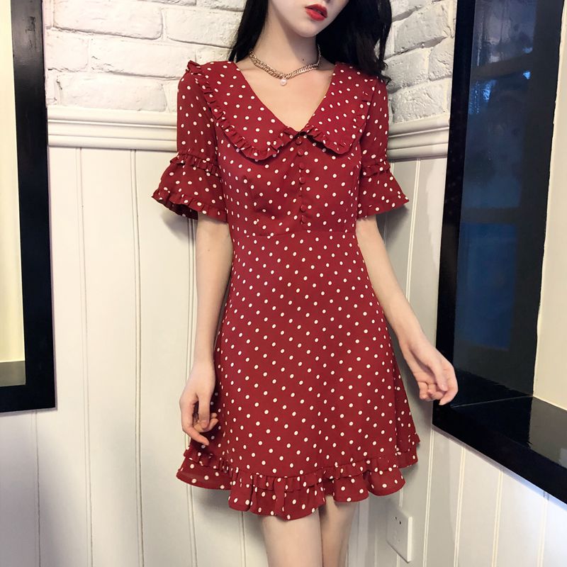 Mùa hè Hàn Quốc phiên bản của gió lạnh v- cổ sóng điểm ngắn tay cao eo là tính khí mỏng hoang dã đầm nữ chiffon một- dòng váy vay xoe