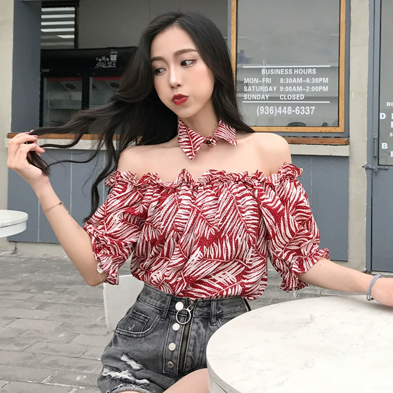 Hồng Kông hương vị chic gió gỗ lỏng tai từ cổ áo quây đèn lồng tay áo áo sơ mi lá in áo sơ mi nữ neckband