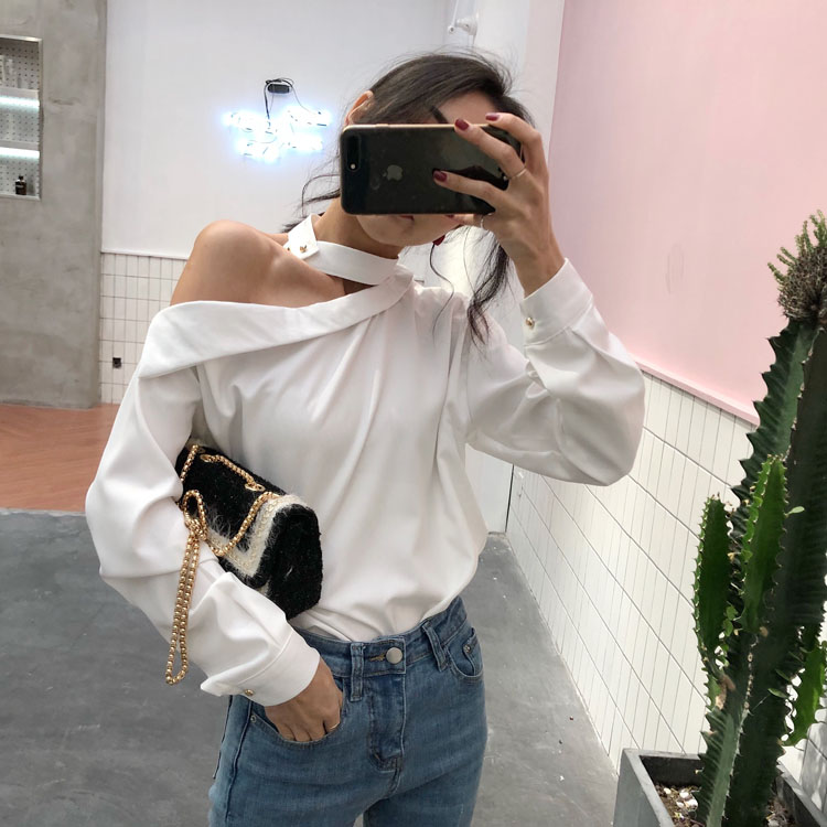 Hồng Kông hương vị retro chic nhỏ sexy từ cổ áo off-vai dài tay áo sơ mi trắng khí hoang dã đáy áo sơ mi nữ áo sơ mi trắng nữ công sở