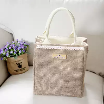 Heat preservation and environmental protection jute bag lunch box bag lunch bag cotton and linen hand pull belt retro simple rice bucket storage bag