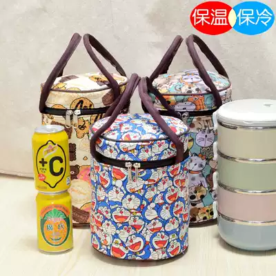 Thickened canvas 3-layer 4-layer bento belt bento bag aluminum foil bag cute waterproof round insulation cold insulation bucket bag