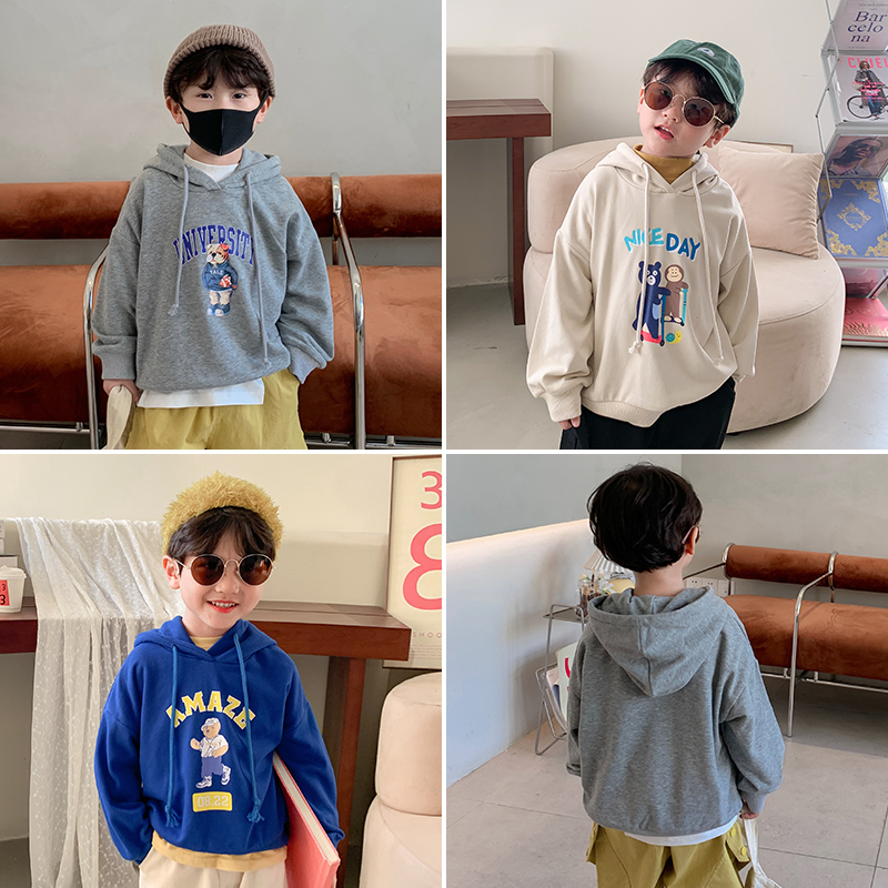 Ex-mother boy cartoon letters printed with cap sports shirt autumn clothing new children pure cotton grabbing suede blouses
