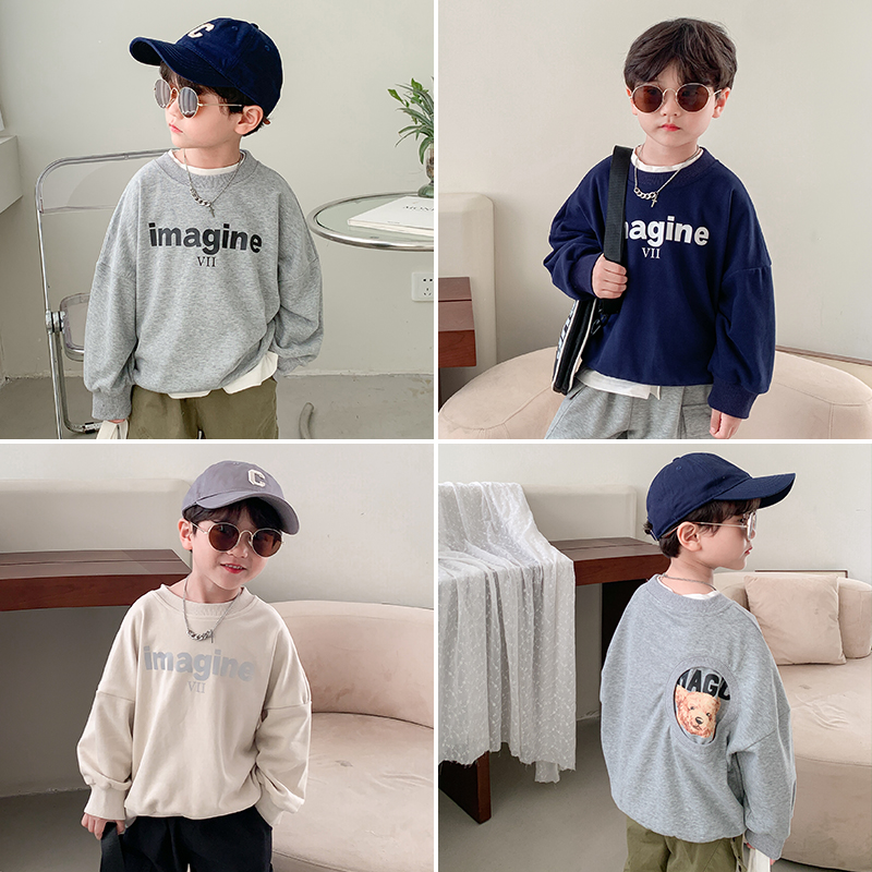 Ex-mother boy letter printed thick cotton T autumn clothing new children pure cotton loose pure color baby casual blouses