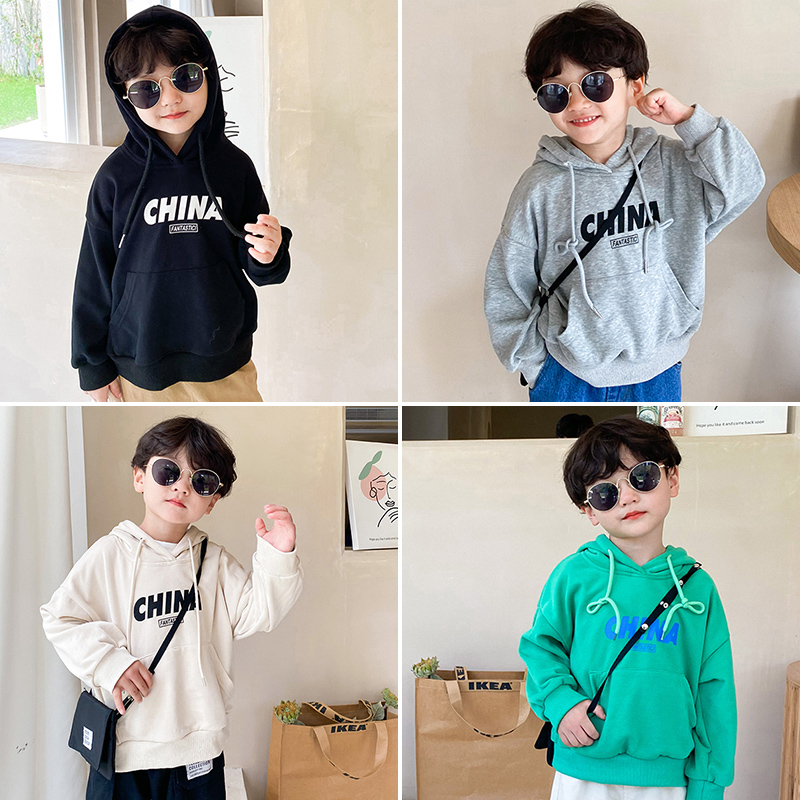 Children's letter printed Lianhood sportswear boy autumn clothing new country Chauded wind blouses baby loose leisure sports tide