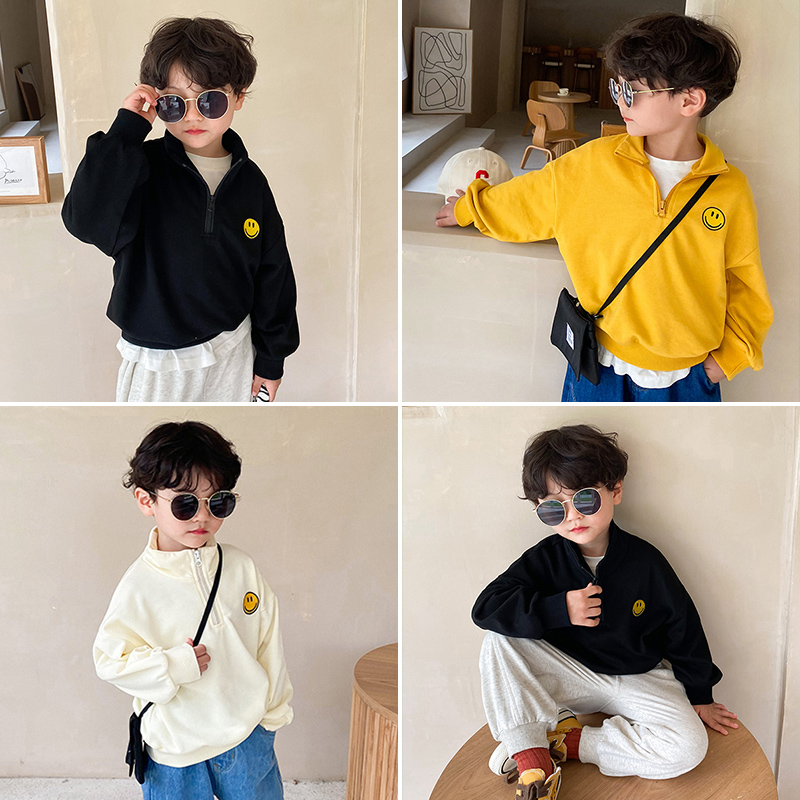 Children's Collar Sports Jersey Boy Autumn Dress New Smiley Face Pure Color Printed Blouse Baby Pure Cotton Loose Sports Casual