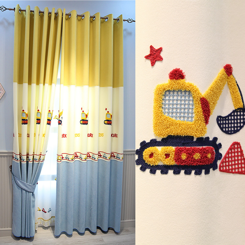 Excavator cute cartoon children's room curtain fabric boy bedroom boy room bay window cotton and linen blackout custom