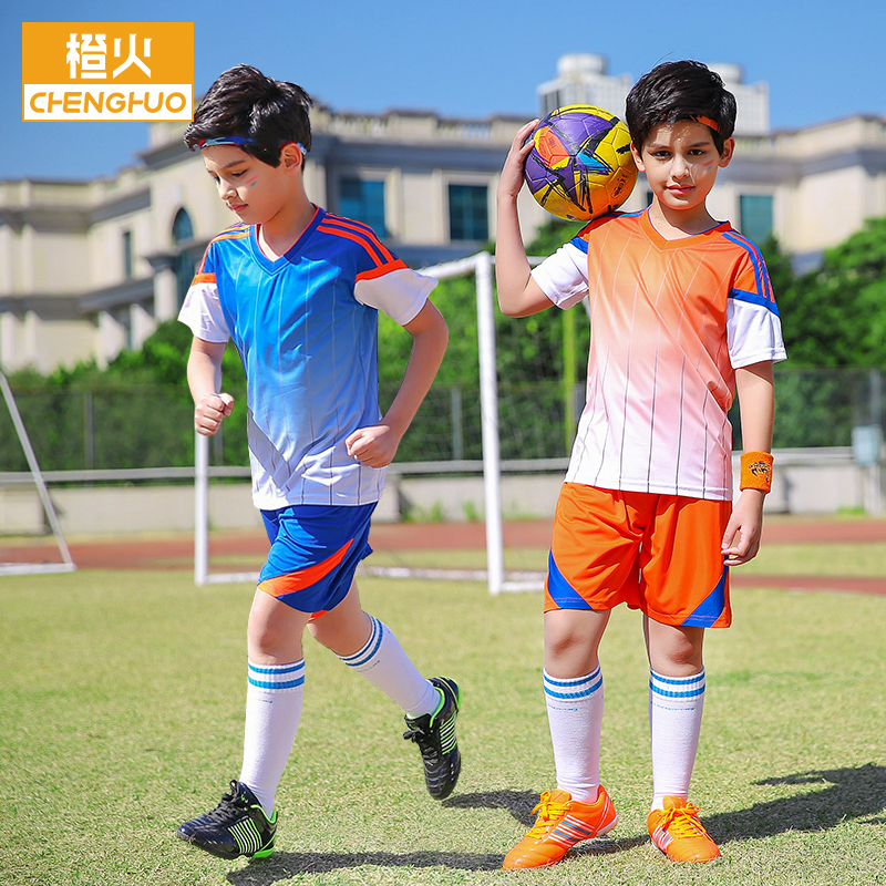 Orange Fire Summer Elementary School Boy Boy Girl Children's Football Suit Custom Training Clothing Suit CUHK Child Short Sleeve Booking