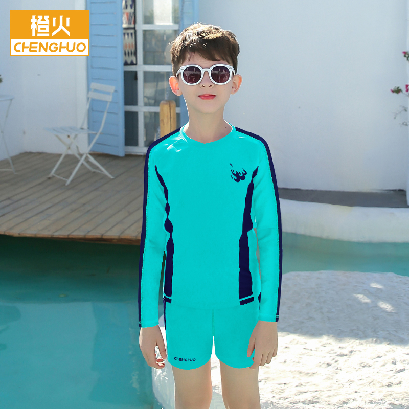 Long sleeve boy swimsuit middle big kids 2022 new children's split swimsuit sun protection boy teen 8-15