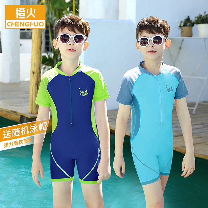 Orange fire boy one-piece swimsuit set Middle and large children's swimwear 2021 new summer boys professional swimsuit