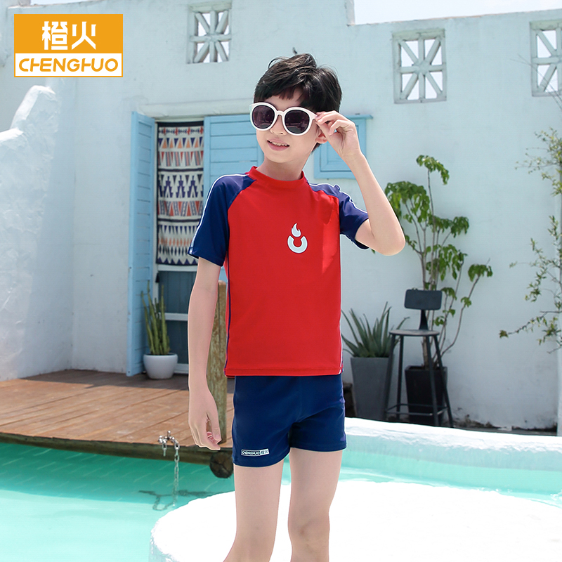 Orange fire boy swimsuit divided middle and big children children swimsuit set 2021 new summer teenagers short sleeve quick dry