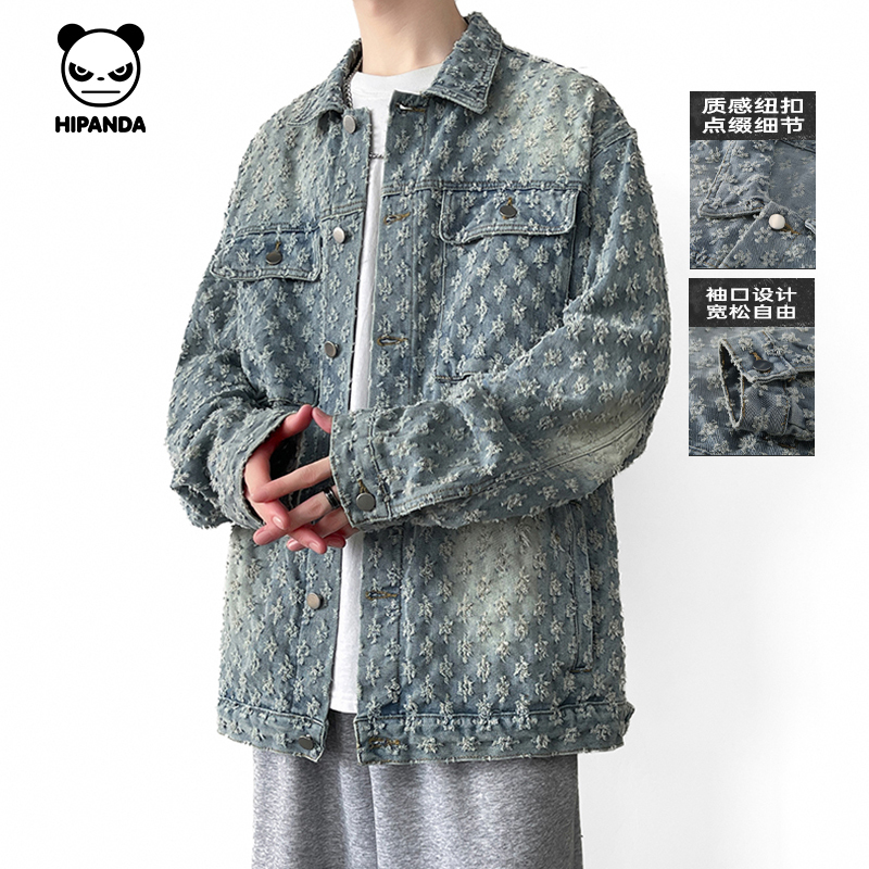 Hipanda Hello Panda Trendy Brand Retro Jacquard All-Over Print Denim Jacket 2026 Spring Vintage Coat for Men