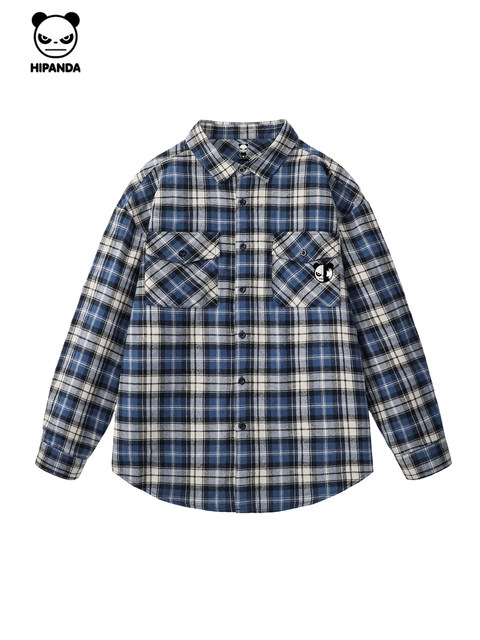 Hipanda Hello Panda retro classic red and blue plaid lapel shirt men's 2025 autumn new long-sleeved cardigan C