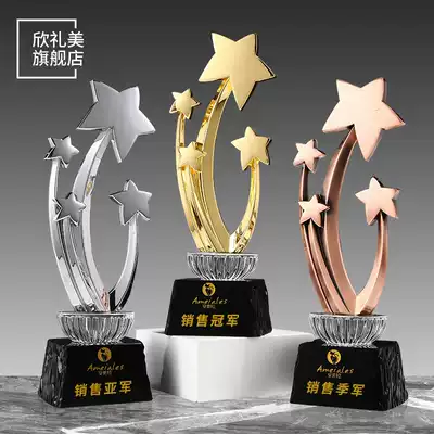 Gold and silver bronze Champions, second runner-up crystal trophies customized creative lettering excellent staff honor team awards medals