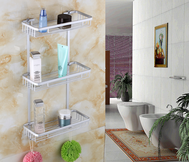 Bathroom Pendant Corner Mesh Basket Storage Hanging Basket Space Aluminum Rectangular with clothes hook three-layer perforated Shelf X2530