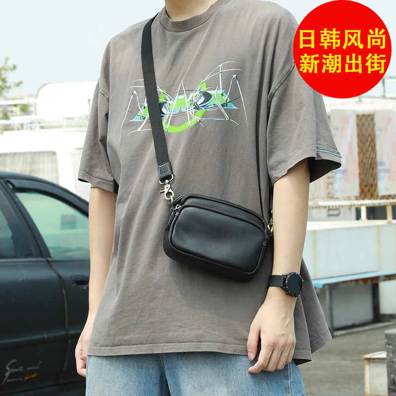 Korean version Men's single shoulder diagonal satchel head layer of cow leather small pocket Summer Fashion Yoko mobile phone bag genuine leather men's bag