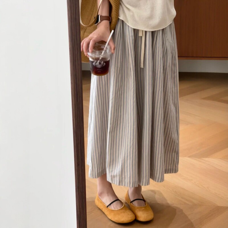 Korean Style Lazy Striped Midi Skirt for Women, New Summer Plus Size, Hip-Covering, Slimming, Pear-Shaped Berkeley Skirt