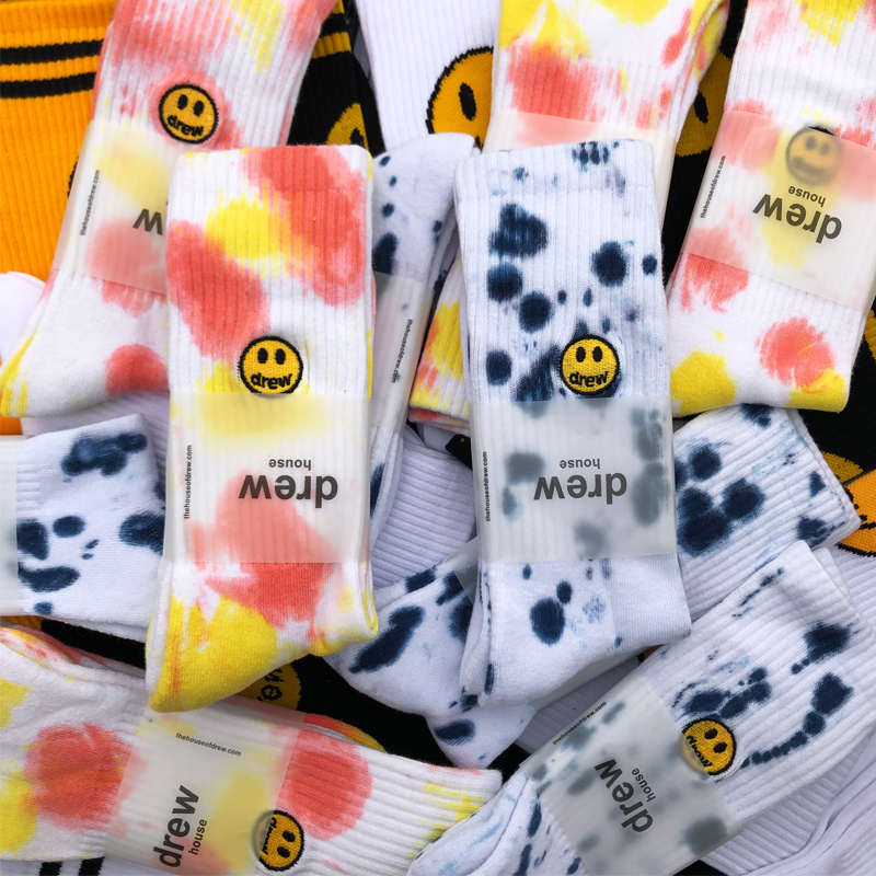 Trendy Brand Bieber Drew Smiley Face Socks for Women ins Trendy Internet Celebrity Style Tie-Dye Splash-Ink Embroidered Mid-Calf Long Socks for Men Pure Cotton