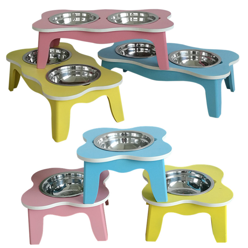 Baking Varnish Wooden Pet Bowl Rack Stainless Steel Dog Basin Dog Bowls Double Food Basin Protect Cervical Spine Dogs With Ceramic Bowls Cat Rice Bowls