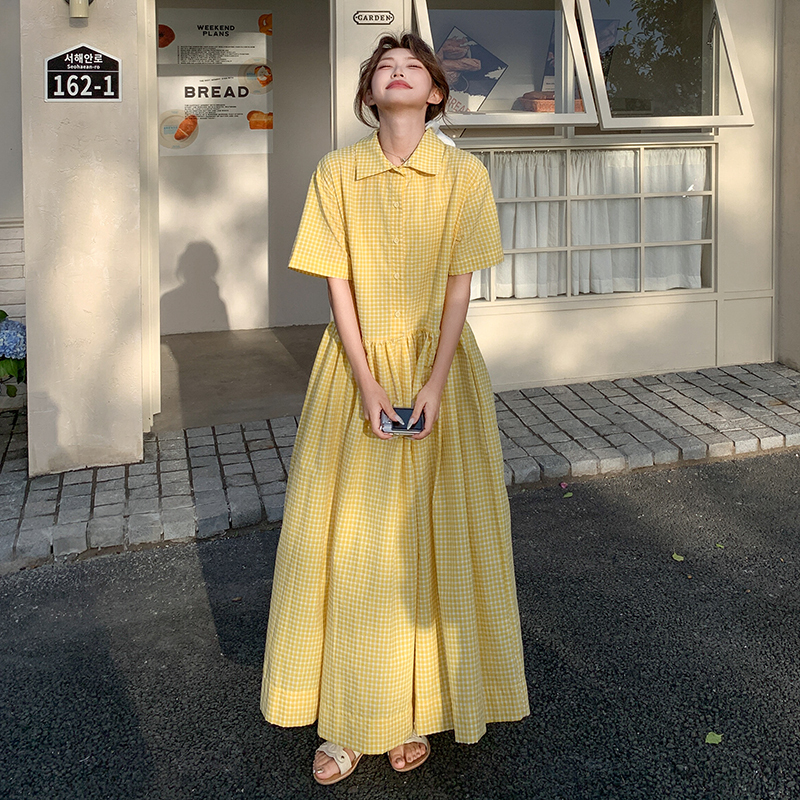 Yellow Plaid Shirt Dress for Women, Summer 2026 New Korean Style, Loose Fit, Preppy Style, Dopamine Long Skirt with a Large Hem