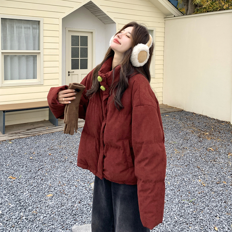 Burgundy Casual Design Corduroy down Jacket for Women 2026 Winter Small Size Stand Collar 90% down Thick Coat