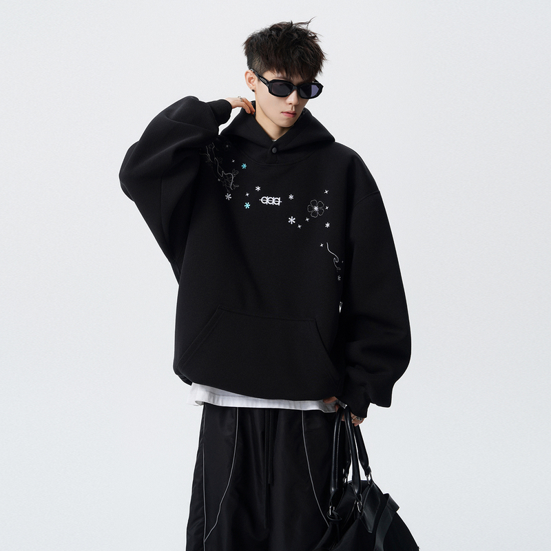 Lenomine400G Heavyweight Black Hooded Sweatshirt for Men and Women with Stylish Embroidered Floral Design, Casual Loose Top, Trendy