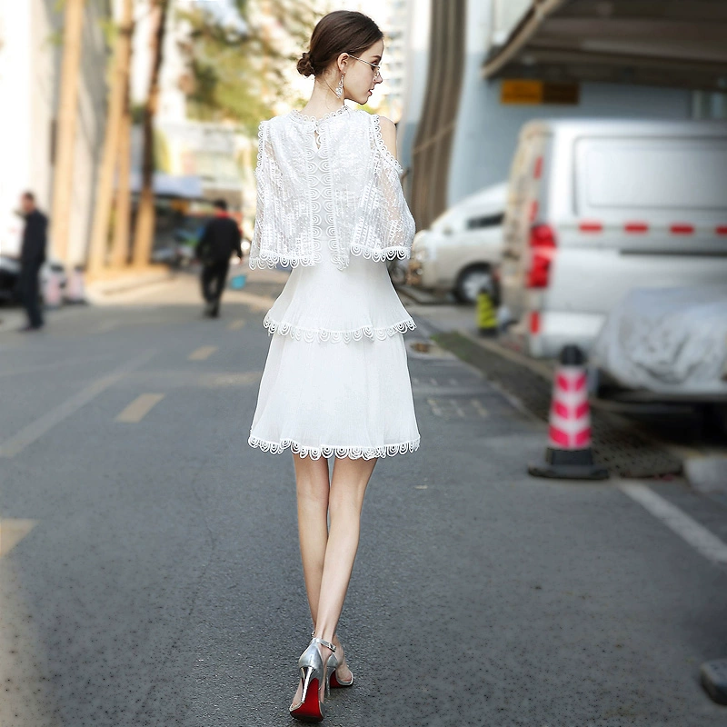 Xiaoxiangfeng 2020 mới một chiếc váy chữ nữ eo cao giả hai mảnh ren khâu đầm voan - A-Line Váy