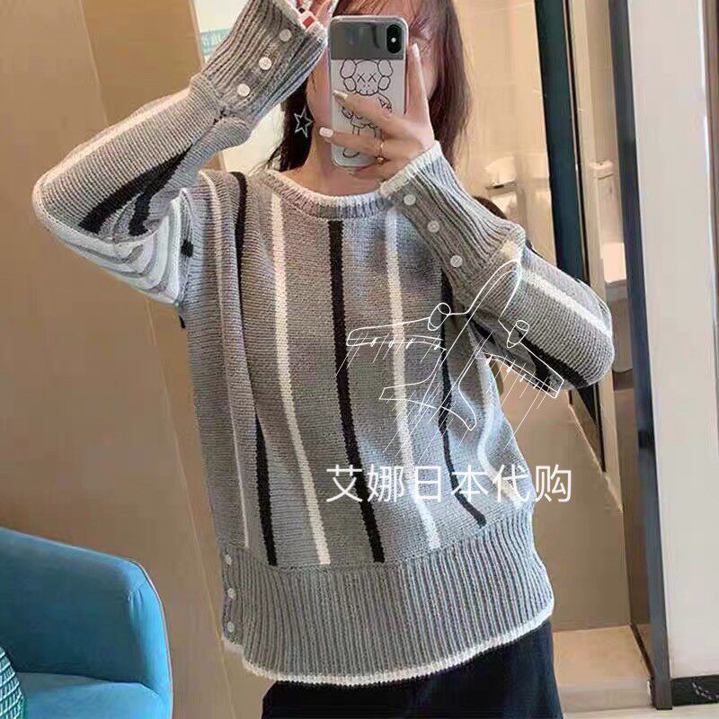 Aina Day generation THOM BROWNE new TB WOOL VELVET BLEND vertical stripe bottom round neck pullover sweater