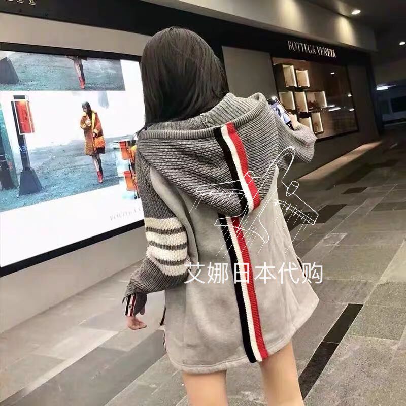  Thom Browne TB back tricolor wool splicing thickened with cap laced sweatshirt male and female