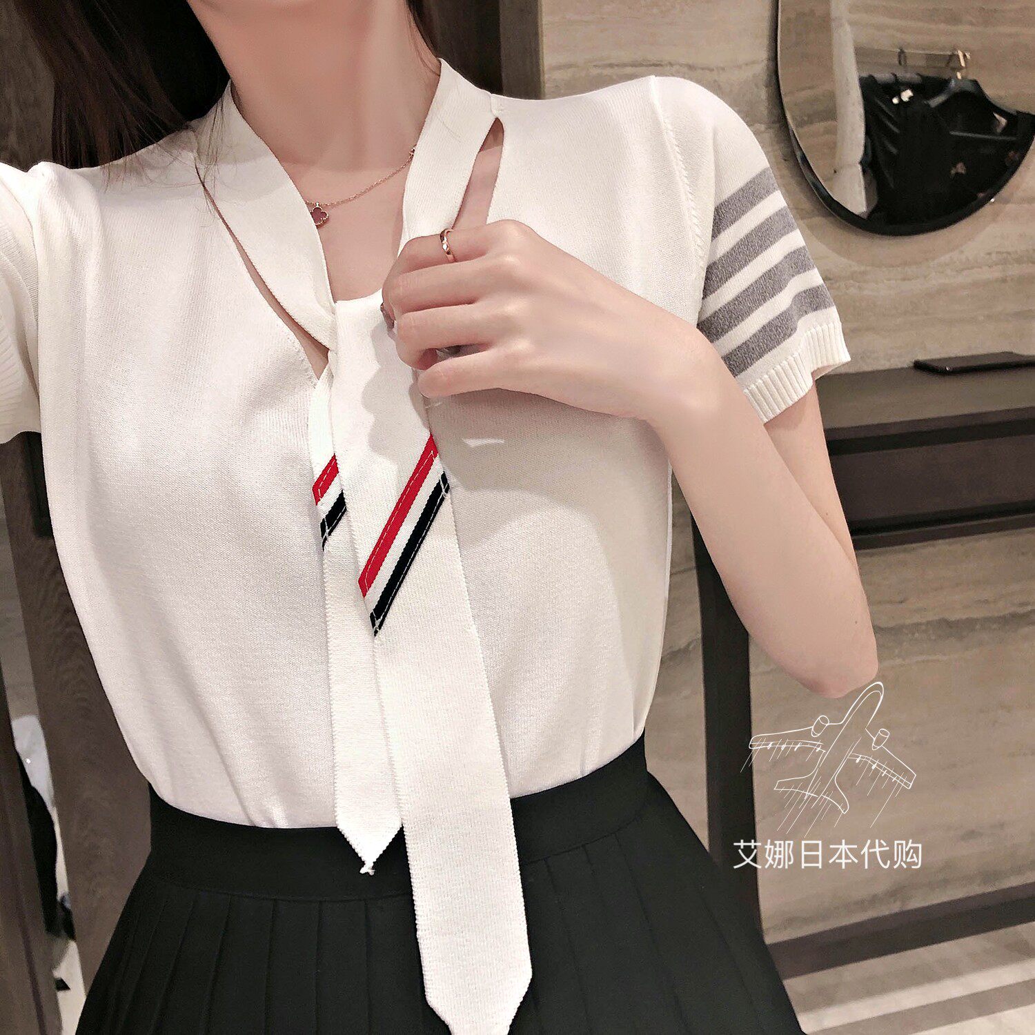 Thom browne T-shirt tb summer four-bar tie knot knitted short-sleeved V-neck ice silk thin women