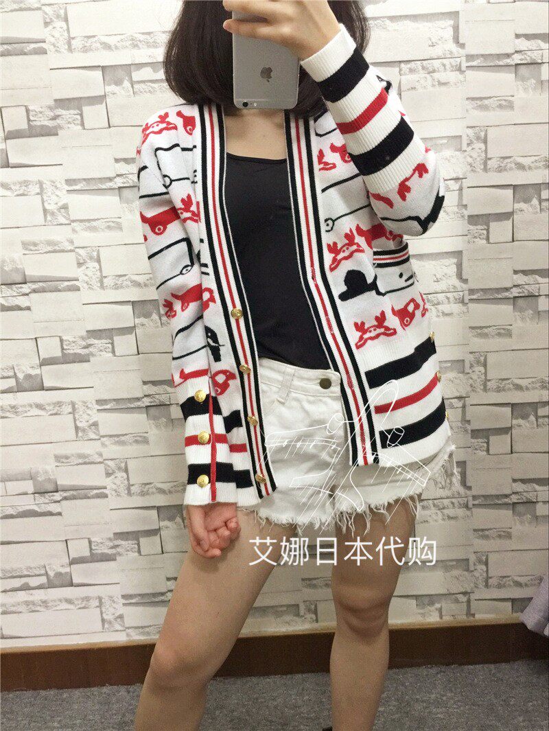 Aina Riyo Thom Browne 20 TB Animal Print Knit Sweater Wool V-Neck Striped Sweater Jacket - Taobao