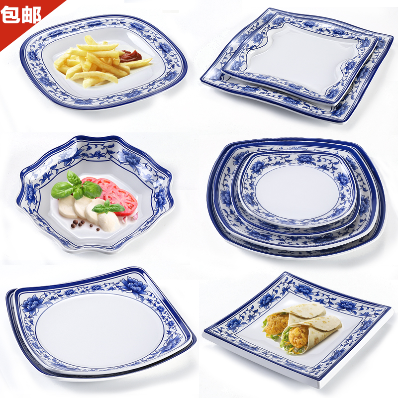 Thickened melamine A5 green flower porcelain quadrilateral pan imitation porcelain square fired plate Plastic Hotel Dinner Plate Cutlery Dish
