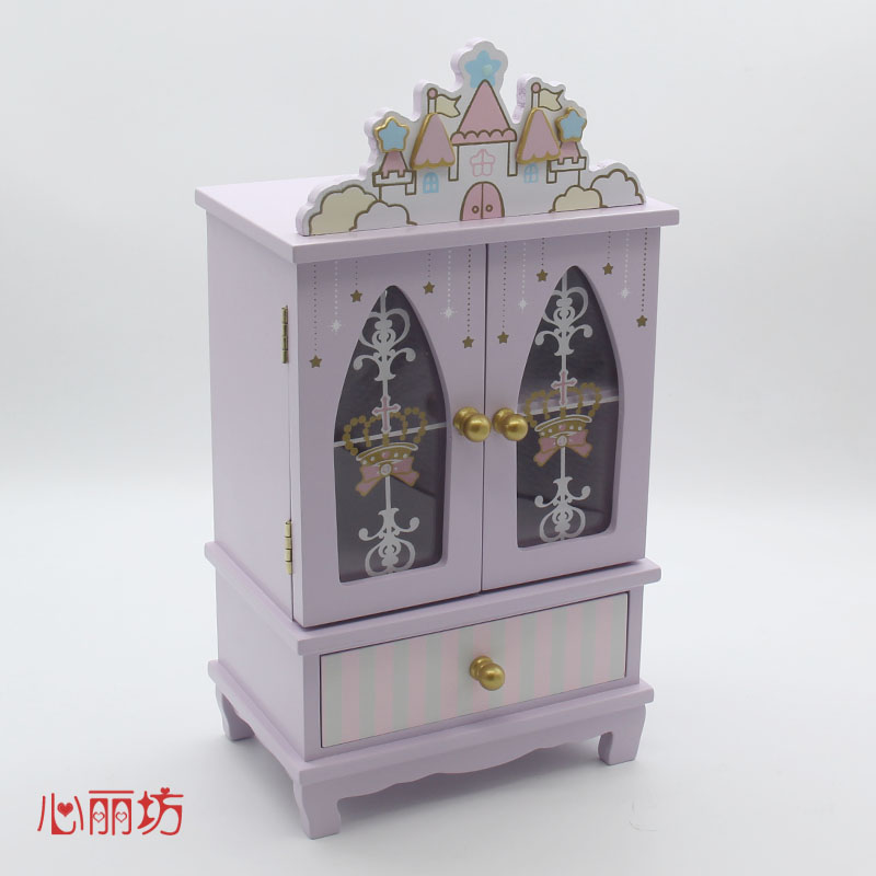Children's storage box Wooden castle jewelry box swimmer girl desktop storage cabinet Double door European style girl