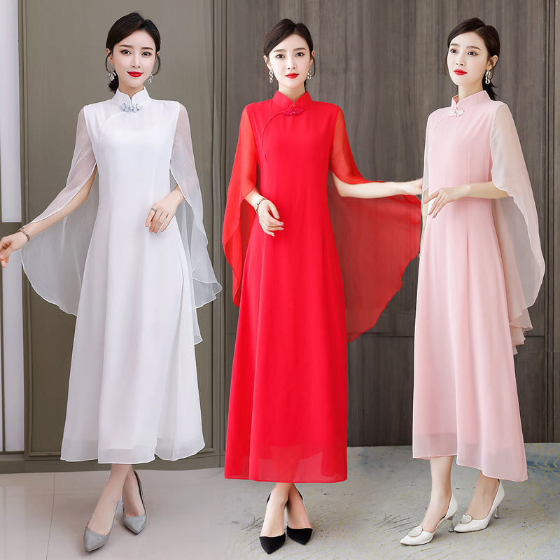 2026 New Improved Version of Cheongsam Long Dress with Large Hem for Red Song Chorus Stage Performance, Fitted Dress for Women