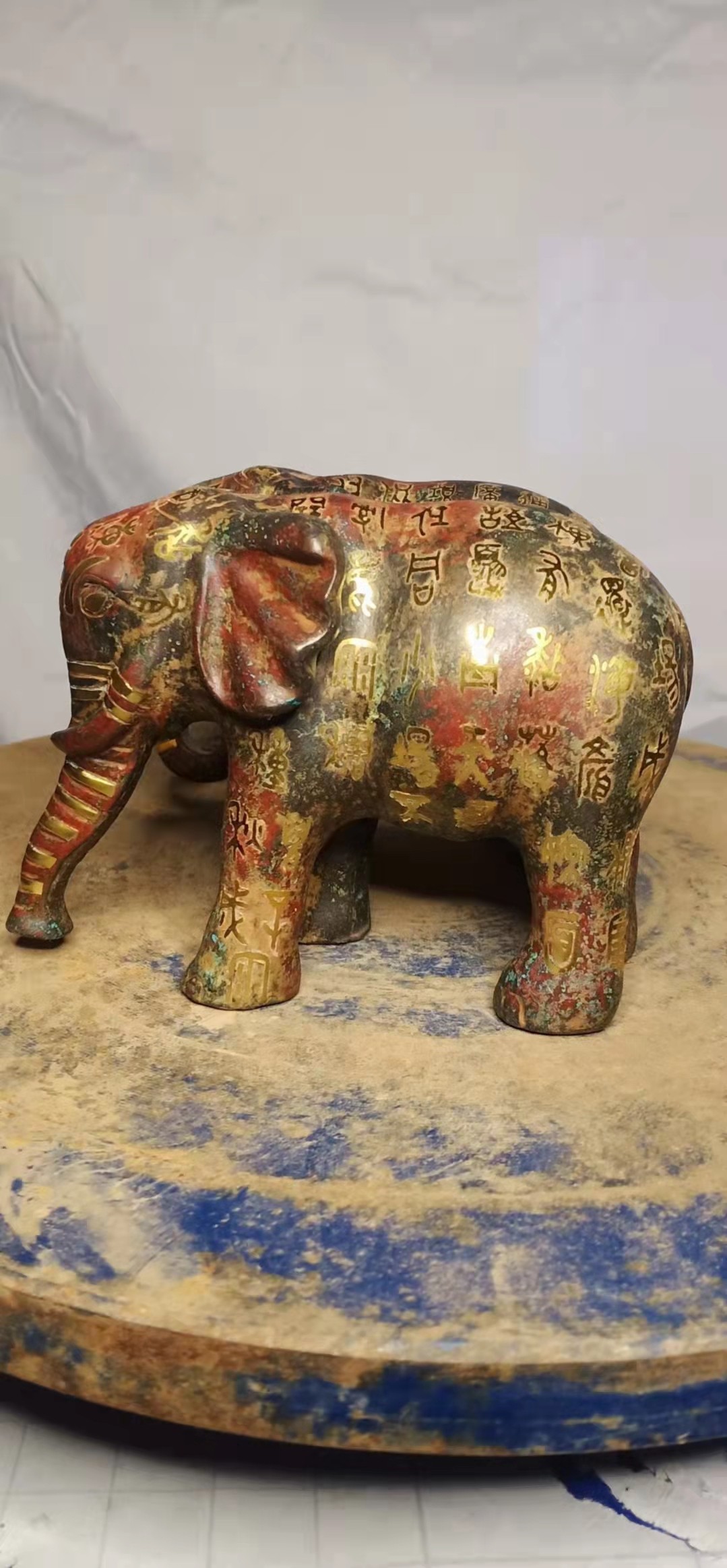 Imitation Antique Bronze Ware Elephant's Golden Inscription Black Green Rust Pendulum Pieces Antique Collection