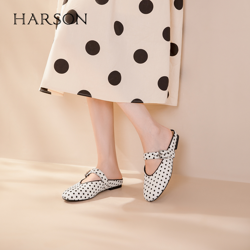 Hazen Cinnamon Roll Sweet Fashion Polka Dot Leopard Print Cowhide Mule Shoes 2026 New Model Hm269403