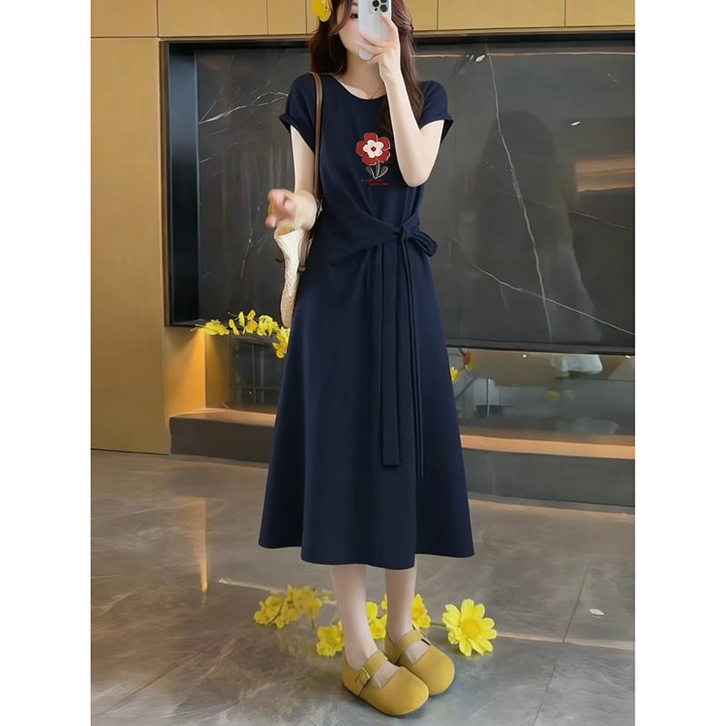 Navy Blue Cotton Short-Sleeved T-Shirt Dress for Women, Summer Long Dress, Over-The-Knee, Loose, Casual, Waist-Cinching Belt, Long Skirt
