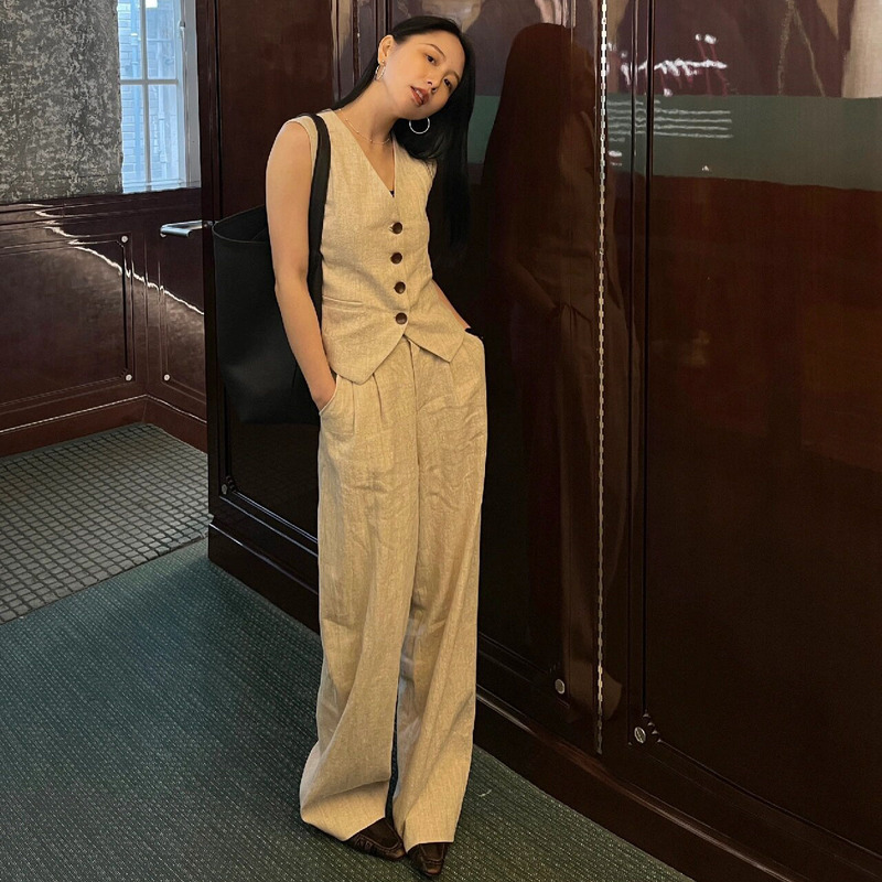 Old Money Style High-End Apricot Vest Linen Suit Summer Cotton-Linen Wide-Leg Pants Two-Piece Set Fashionable and Elegant Women's Clothing