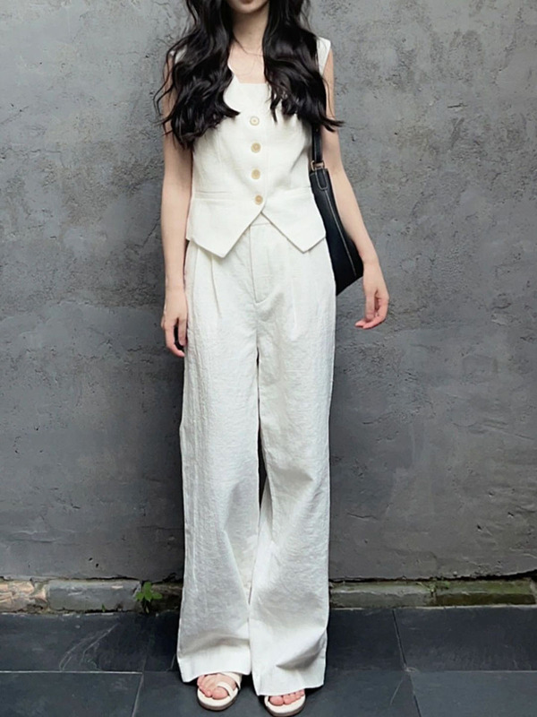 Old Money Style High-End Linen White Vest Suit Summer Linen Wide-Leg Pants Two-Piece Set Fashionable Cotton and Linen Women's Clothing